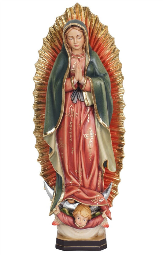 Estatua PEMA de madera de arce alpino de Nuestra Señora de Guadalupe pintada a mano de 8 pulgadas.