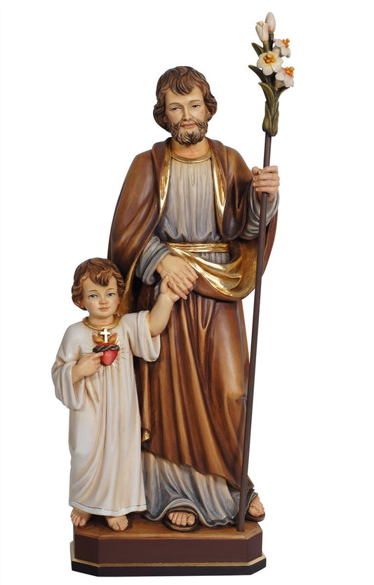 Estatua PEMA de madera de arce alpino de San José Niño Jesús pintada a mano de 8 pulgadas.