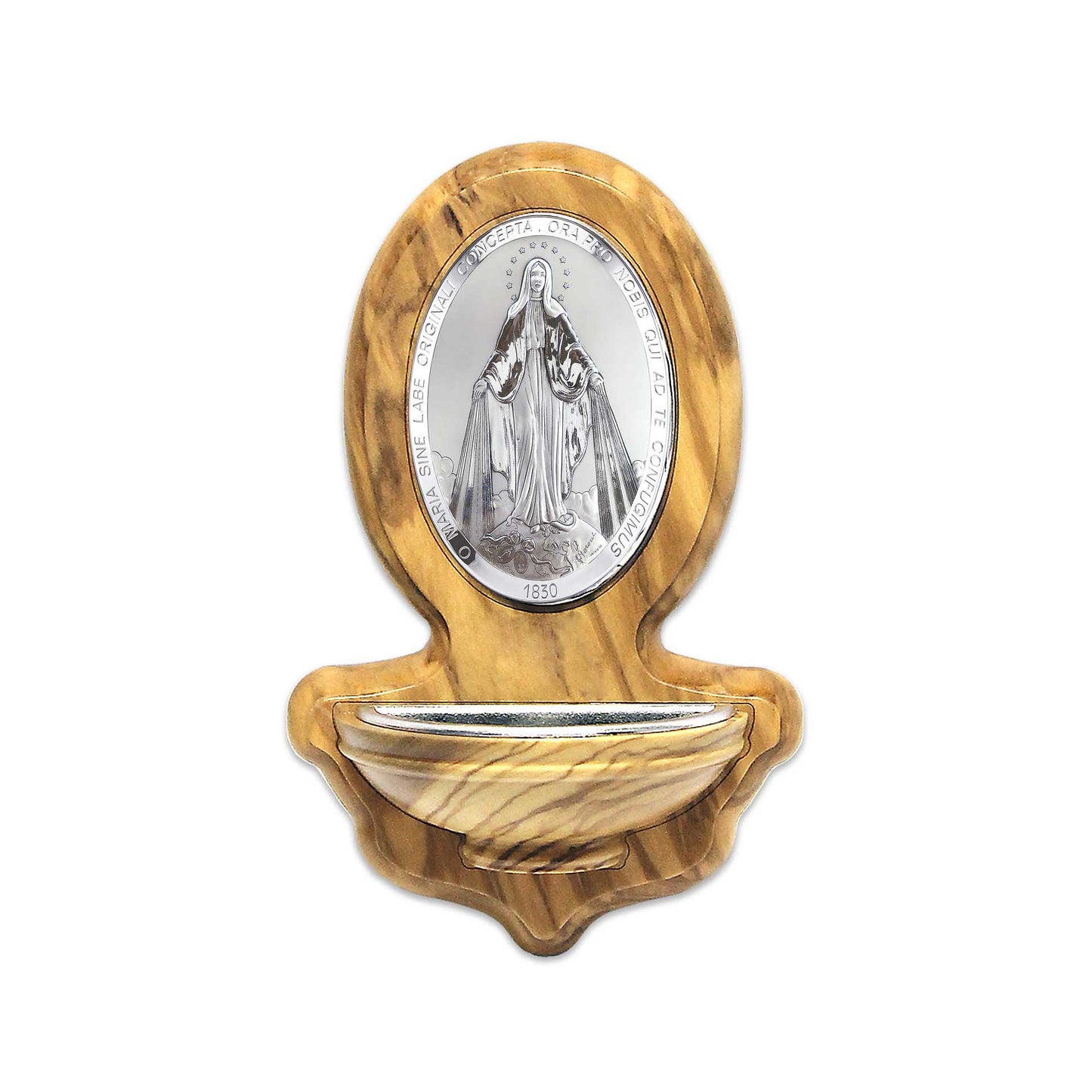 Small Olive Wood Holy Water Font with Silver Miraculous Medal