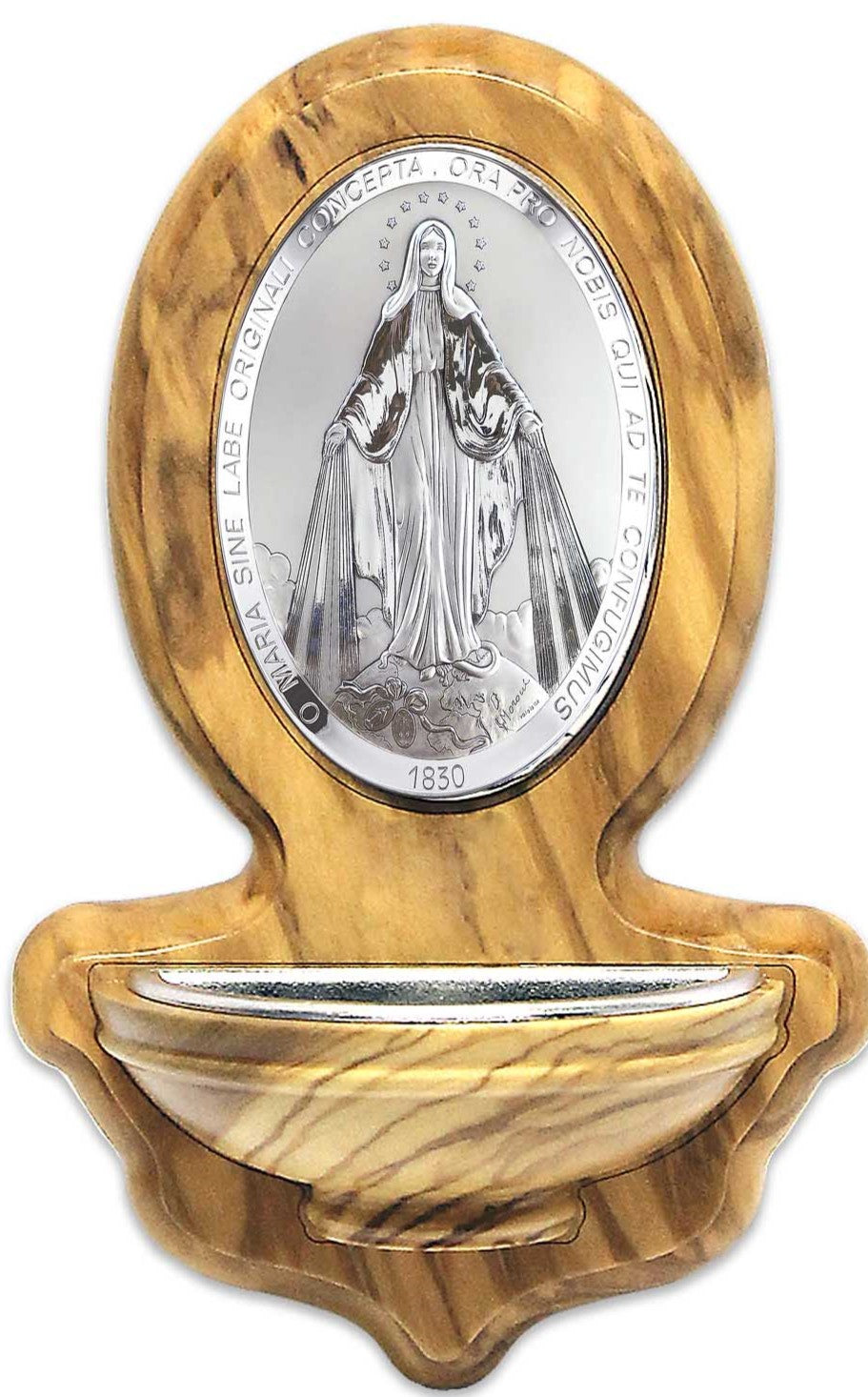 Small Olive Wood Holy Water Font with Silver Miraculous Medal