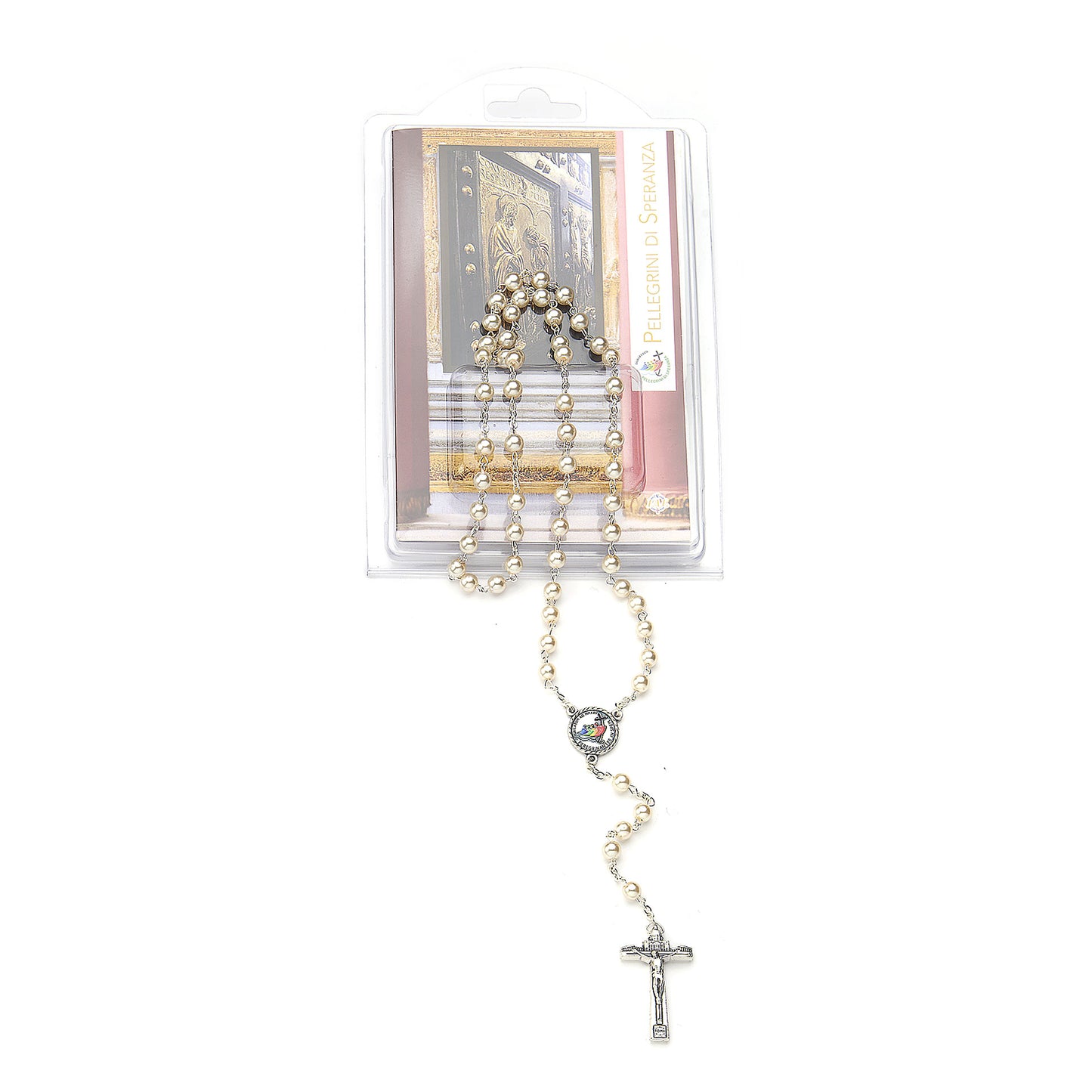 Pilgrims of Hope Rosary with White Glass Beads and Jubilee 2025 Medal