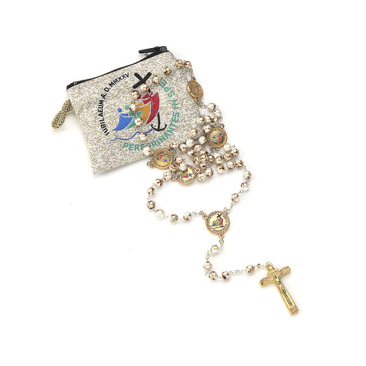 Rosary with glass beads and golden jubilee medals and crucifix