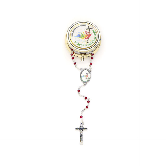 Gold Metal Rosary Holder with Rosary Jubilee 2025 Logo