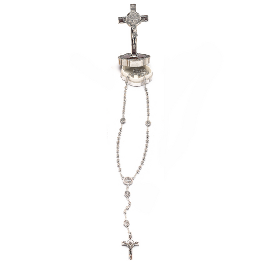 Silver Color Rosary Holder With Crucifix and Metal Rosary