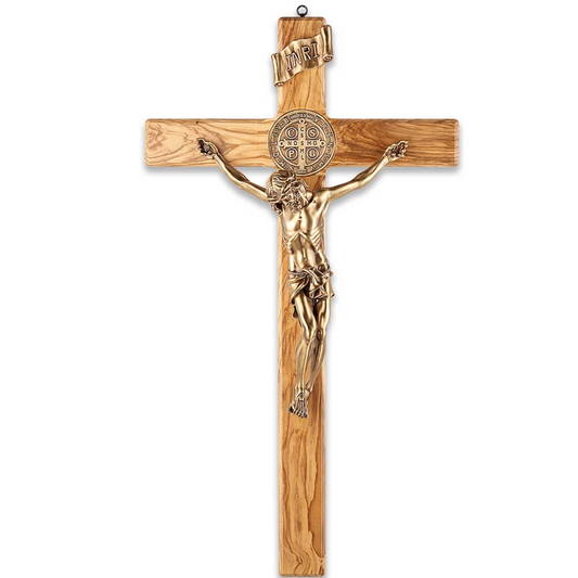 Olive Wood Crucifix Measuring 25.5x 14 Inches, Resin Image 7.5 Inches, Metal Medal