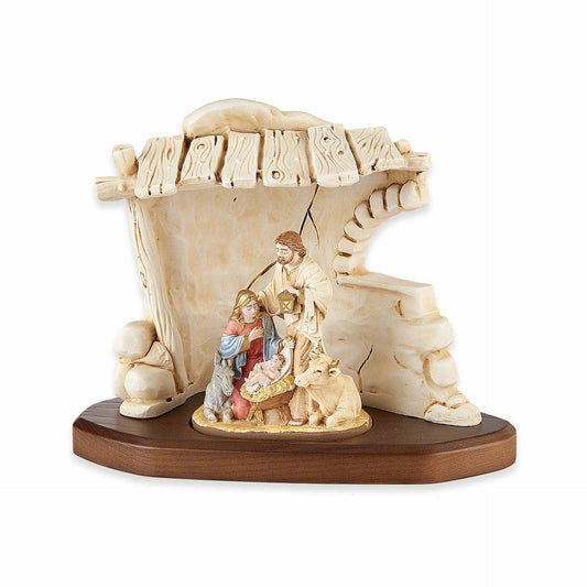 Figura de belén de resina con pesebre y base de madera - 7 x 8,5 pulgadas