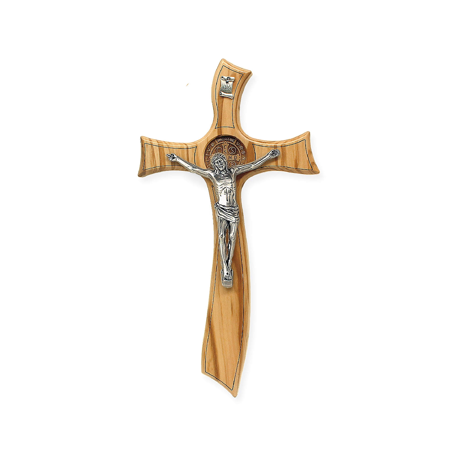 Crucifix outlet of San benedetto da Norcia, made of beech wood and silver metal of Italian craftsmanship