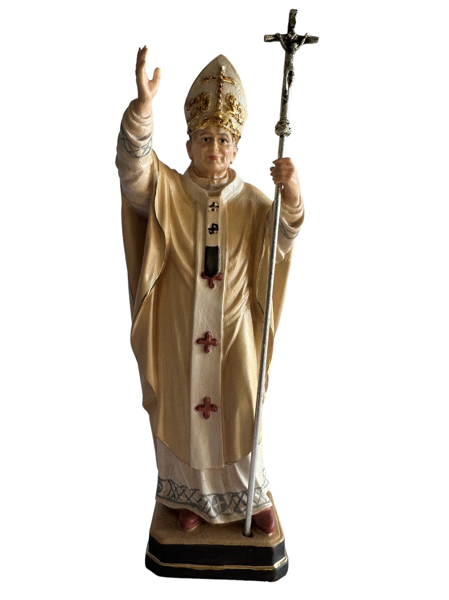 Estatua PEMA de madera de arce alpino de San Juan Pablo II pintada a mano de 8 pulgadas.