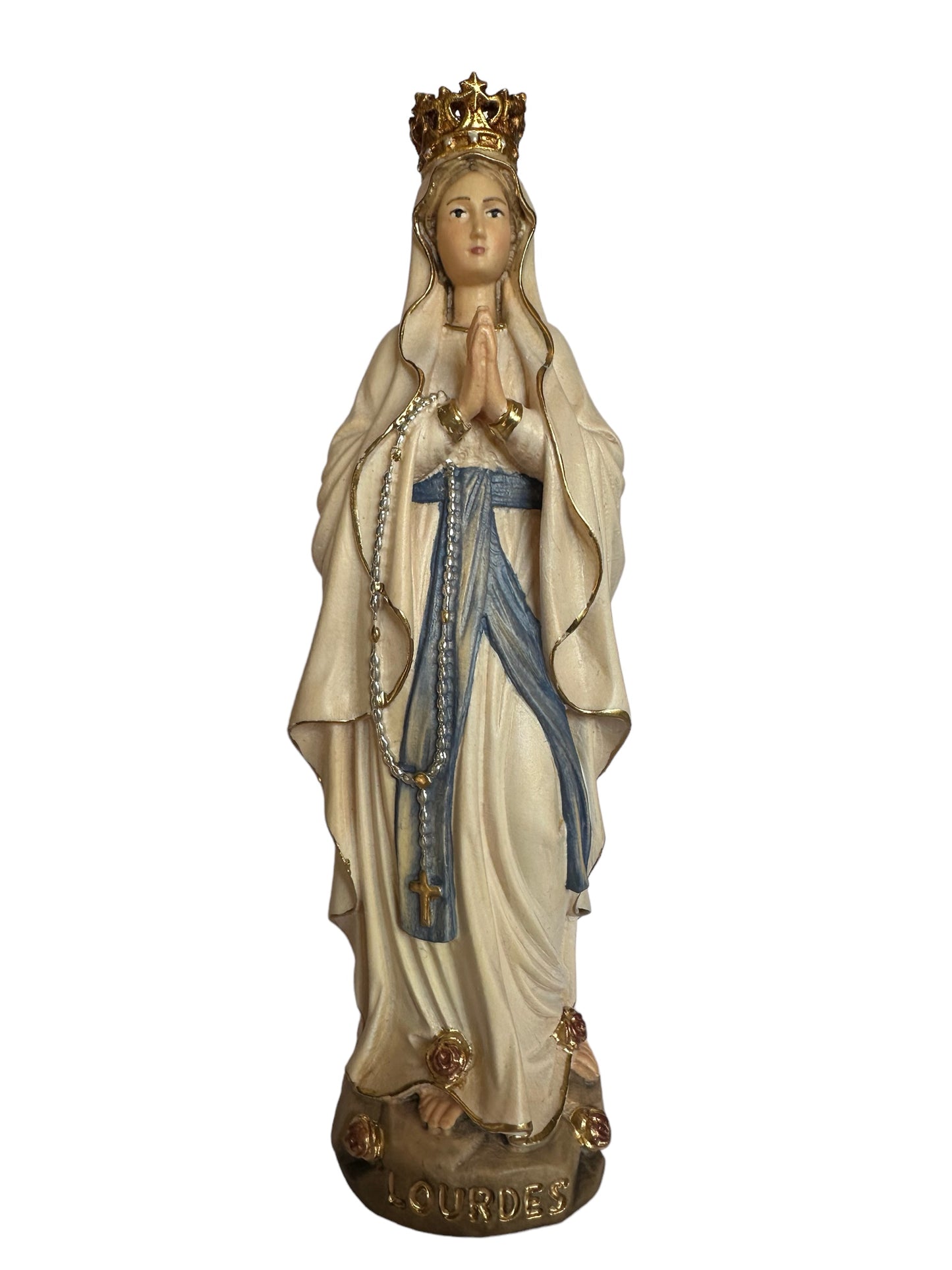 Statua PEMA Madonna di Lourdes con corona in legno di acero alpino dipinta a mano 8 pollici.