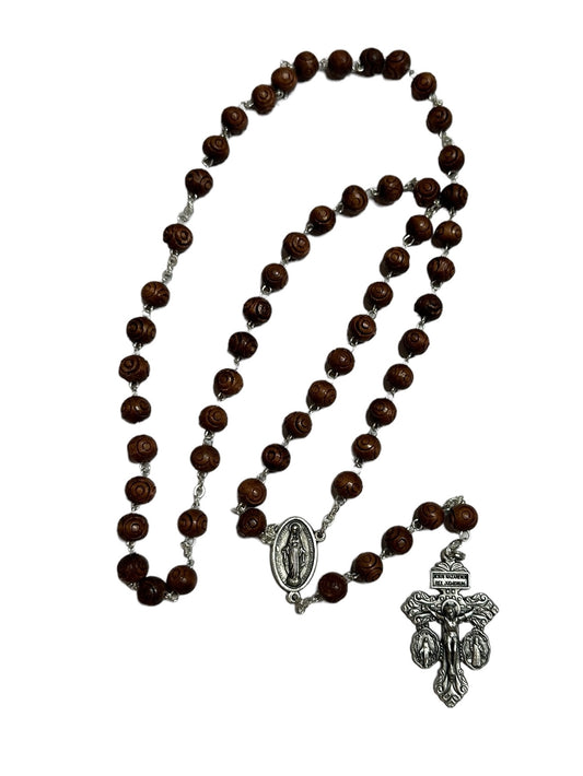 Rosario in perline di legno d'Ulivo con il Crocifisso del Perdono e medaglia miracolosa.