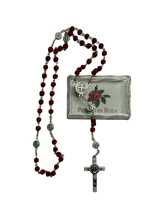 Rosary with Wooden Beads and Saint Benedict Medal with Rose Scent