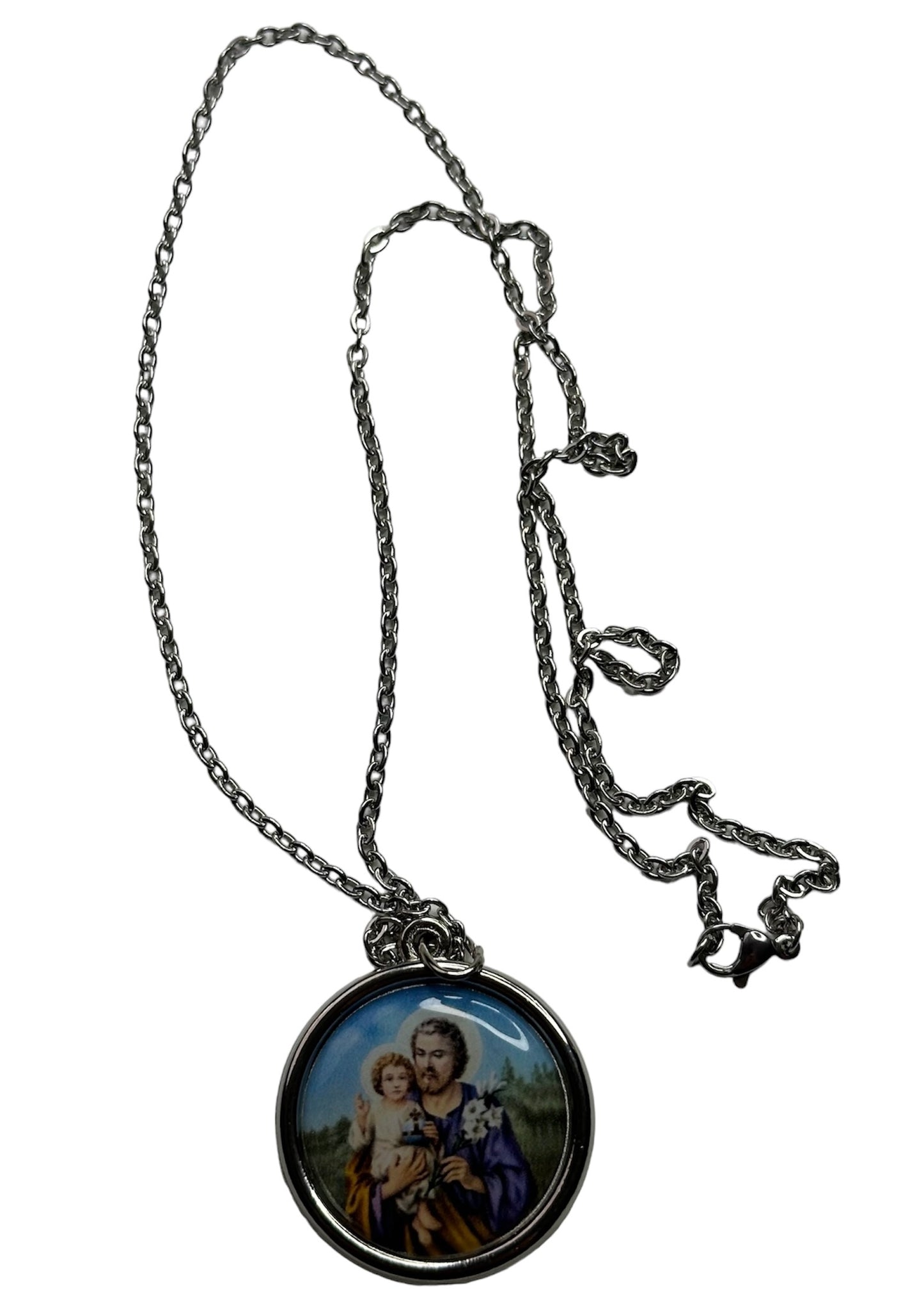 Medalla de San José con el Niño Jesús en Resina con cadena de Acero Inoxidable
