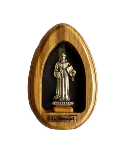 Nicho de madera de olivo con estatuilla de San Benito con luz/Tamaño: 4 pulgadas