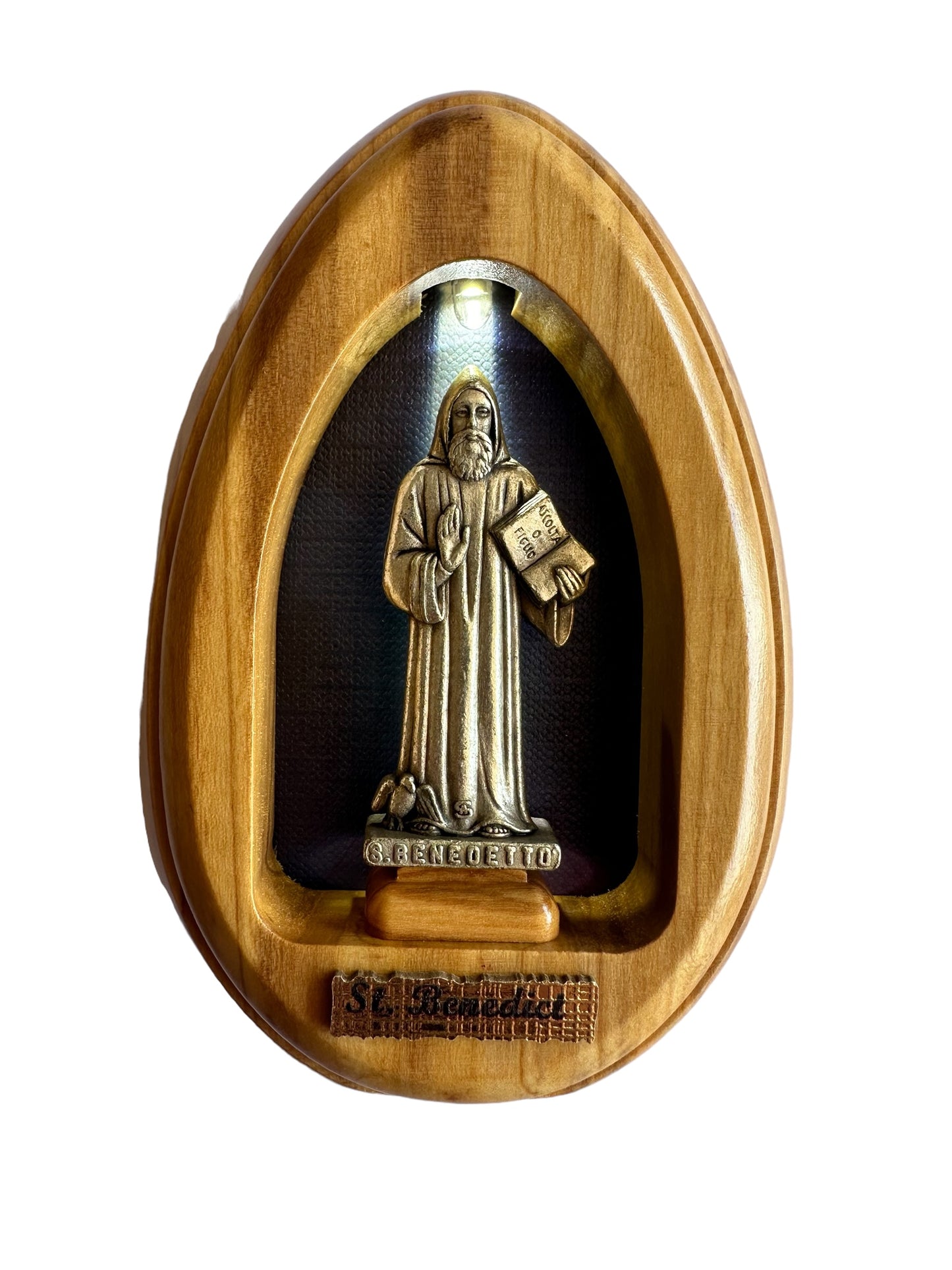 Nicho de madera de olivo con estatuilla de San Benito con luz/Tamaño: 4 pulgadas