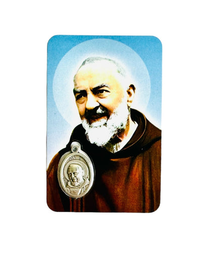 Holy Card Saint Pio + Our Lady of Graces with oval medal in metal