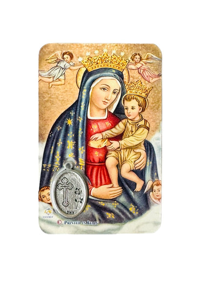 Holy Card Saint Pio + Our Lady of Graces with oval medal in metal