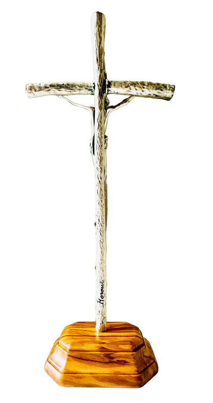 Metal Crucifix with Olive Wood Base 11.5x4.5 Inches