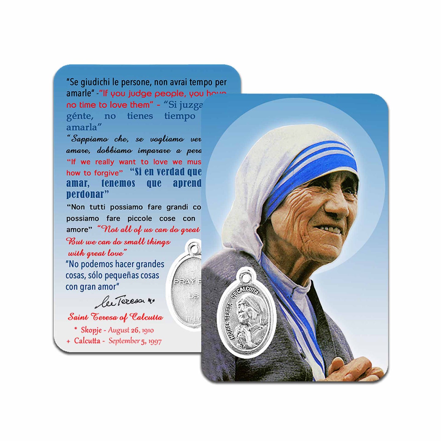 Holy Card Saint Mother Teresa with Oval Medal in Metal