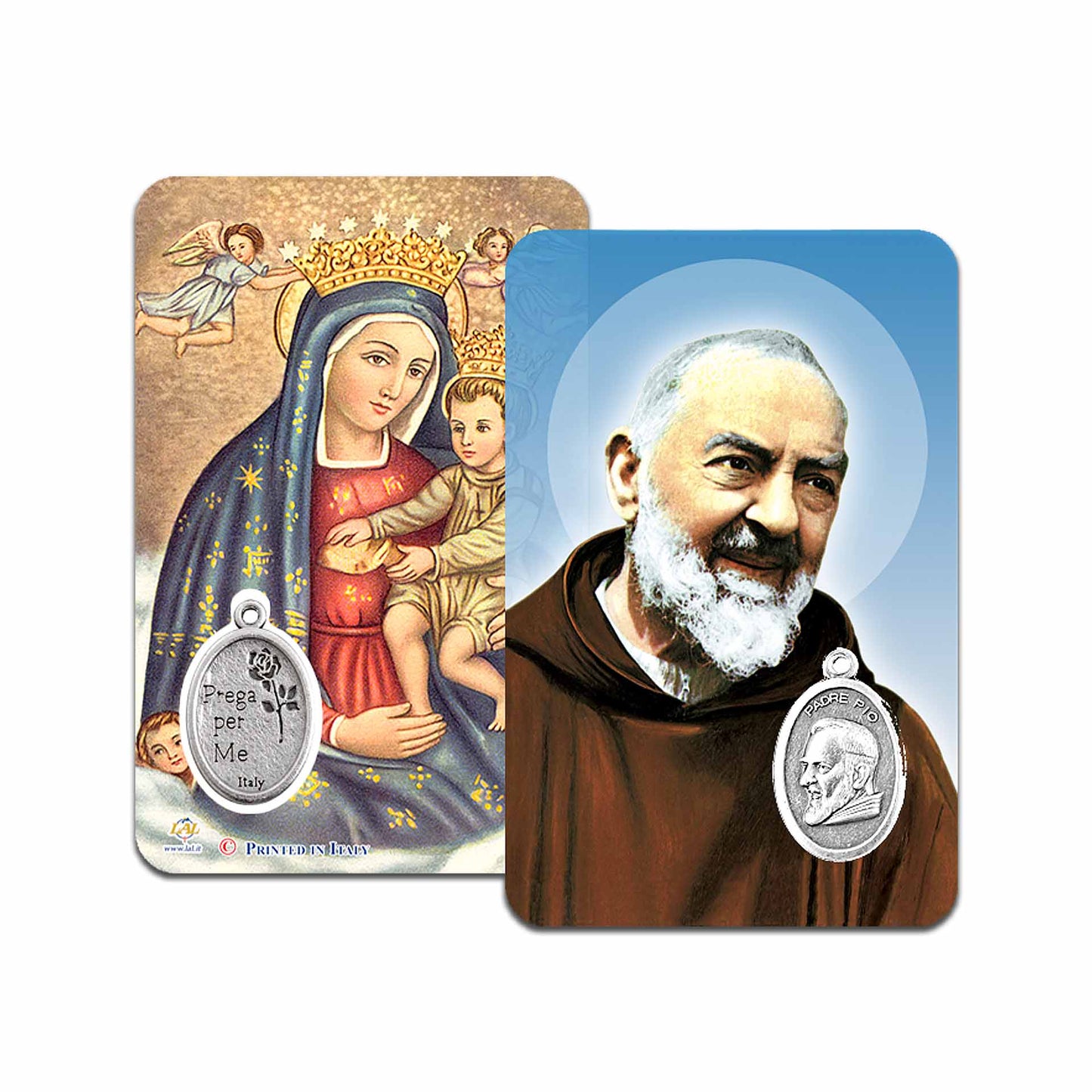 Holy Card Saint Pio + Our Lady of Graces with oval medal in metal