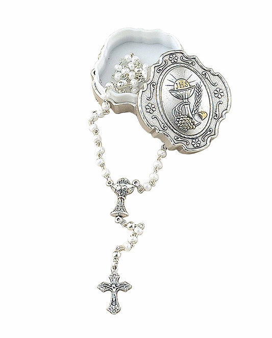 First Communion Metal Rosary Holder and White 3 mm Bead Rosary