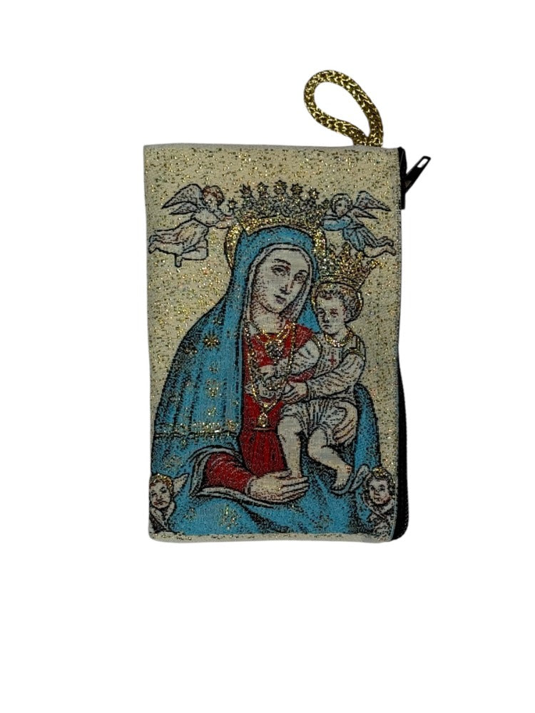 Monedero de tela con imagen del Santo Padre Pío/Nuestra Señora del Perpetuo Socorro. 4x3 pulgadas