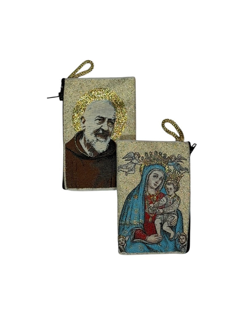 Monedero de tela con imagen del Santo Padre Pío/Nuestra Señora del Perpetuo Socorro. 4x3 pulgadas